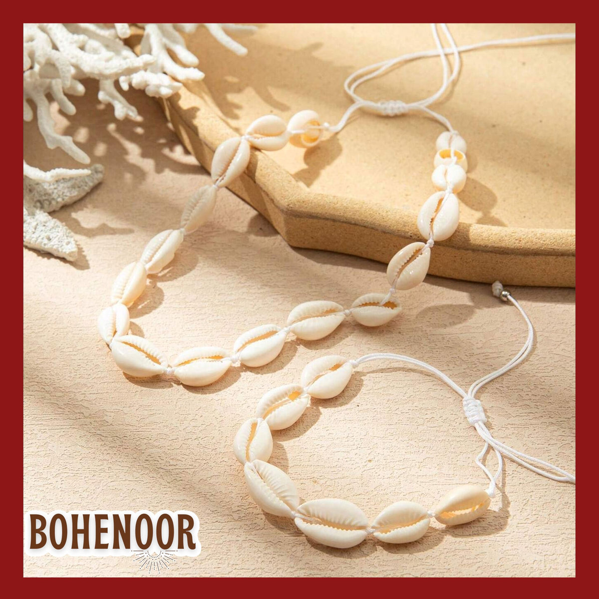 BOHENOOR Cowrie Choker Necklace & Bracelet Set | Handmade Adjustable Beach Jewellery for Women & Girls | Boho Style White Shell Summer Accessories (White)