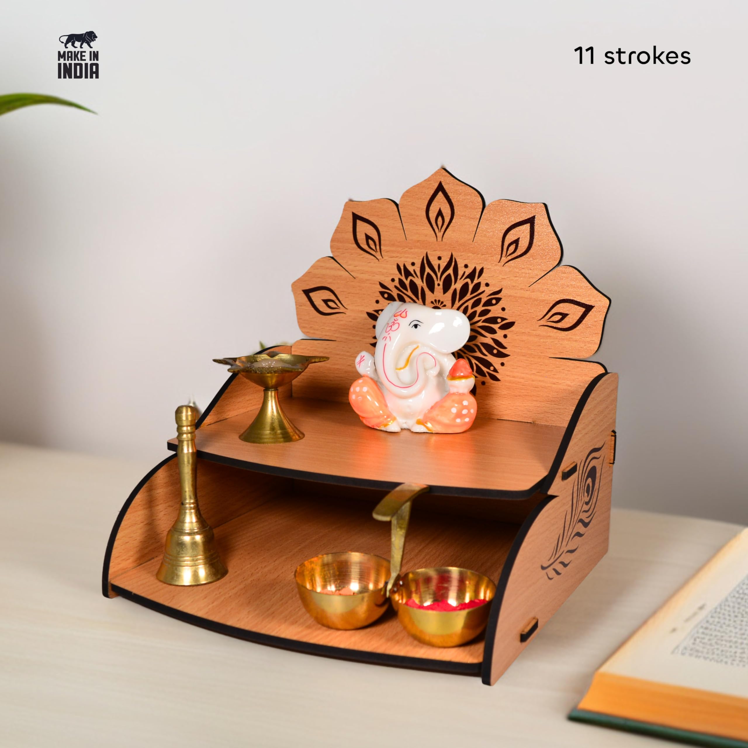 11 Strokes Vidyut Wooden Pooja Mandir for Home Small Size - Wall Hanging Mini Devghar - Modern Singhasan for God, Small Wooden Temple & Office Puja Stand