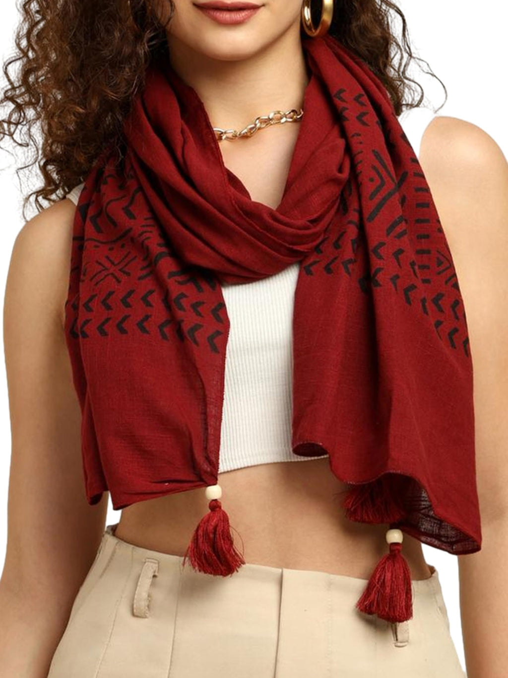 KE KANHA EXPORTS Stole for Women | Cotton Scarf for Women Stylish Boho Block Print Border with Tassels | Soft Lightweight Summer Beach Head Wrap | 180 x 50 cm