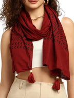 KE KANHA EXPORTS Stole for Women | Cotton Scarf for Women Stylish Boho Block Print Border with Tassels | Soft Lightweight Summer Beach Head Wrap | 180 x 50 cm
