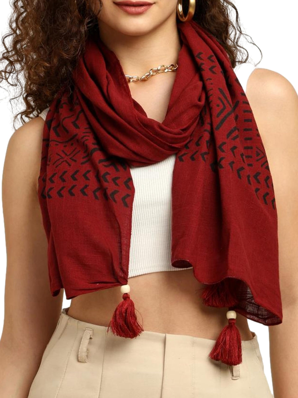 KE KANHA EXPORTS Stole for Women | Cotton Scarf for Women Stylish Boho Block Print Border with Tassels | Soft Lightweight Summer Beach Head Wrap | 180 x 50 cm