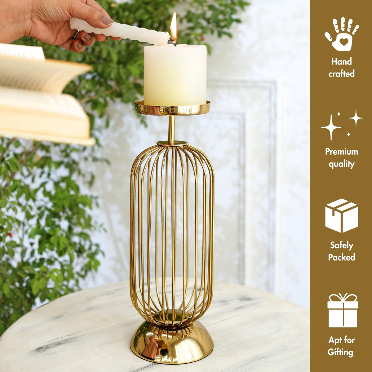 Behoma Metal Pillar Candle Holder Stand with Gold Finish - 12 Inch