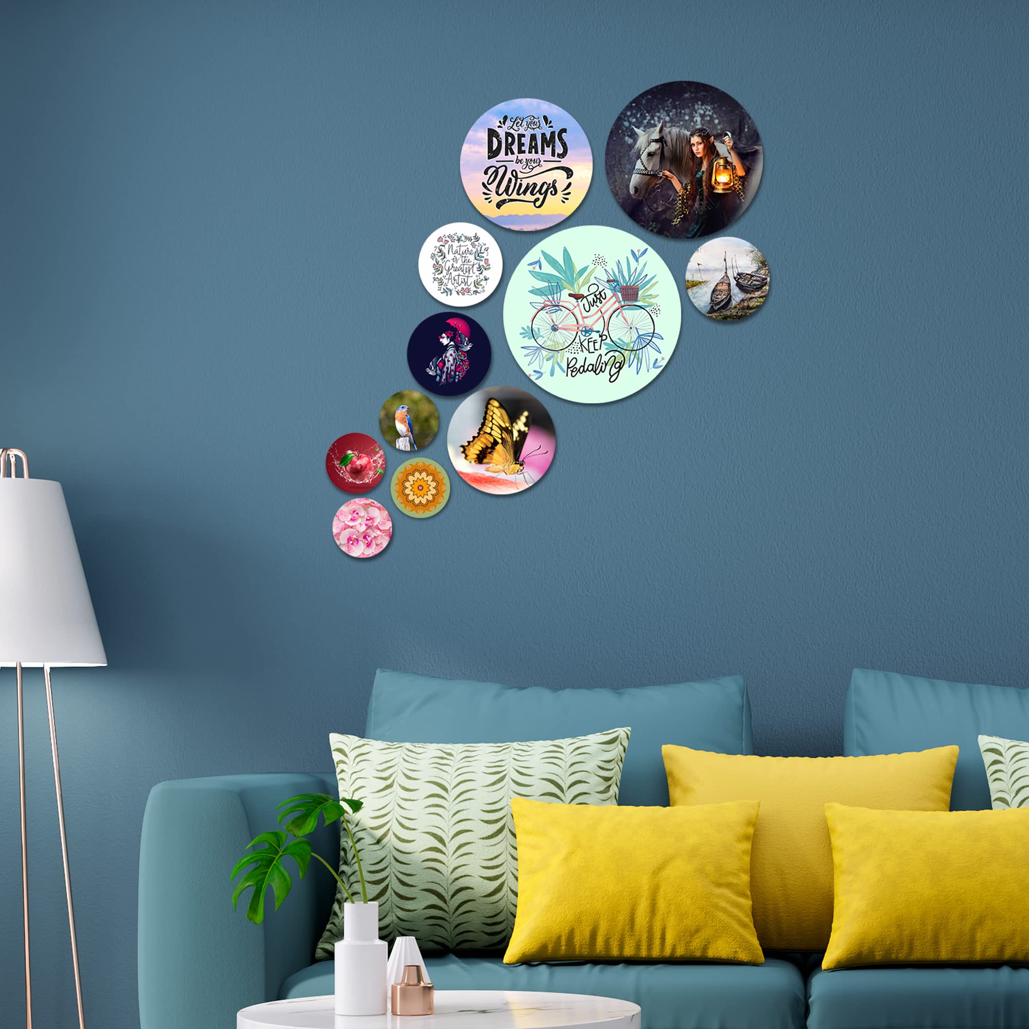 Artvibes Let Your Dreams Be Your Wings Round Shape MDF Wooden Wall Decor Items | Motivational Wall Decor | Wall Accent | Graphic Art | Gift Items | Office Wall Decoration Items (WPS_101N), Set of 11