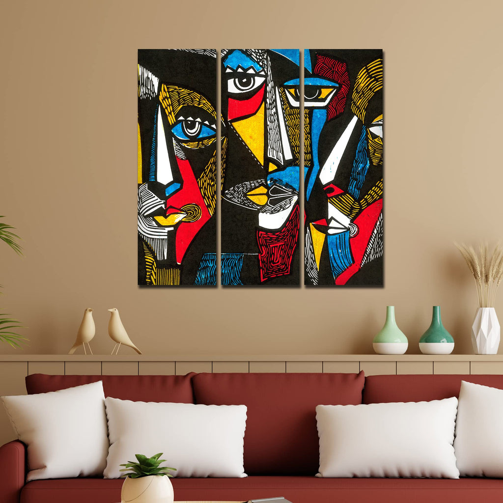 VIBECRAFTS 3 Pieces Beautiful Pattern Faces Canvas Wall Painting Fitted With Wooden Frame For Home | Office | Living Room | Gifts (PTVC3Pcs1_9532)