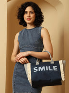 ENSAC Tote SMILE Women’s Canvas Tote Bag Navy Blue Handbag with Fringe Sides, Casual Shoulder Bag for Office, Shopping & College
