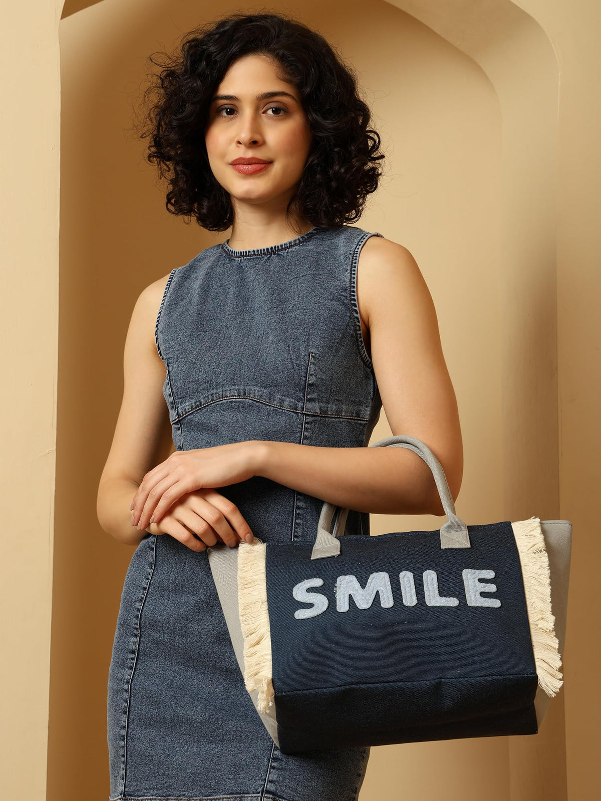 ENSAC Tote SMILE Women’s Canvas Tote Bag Navy Blue Handbag with Fringe Sides, Casual Shoulder Bag for Office, Shopping & College