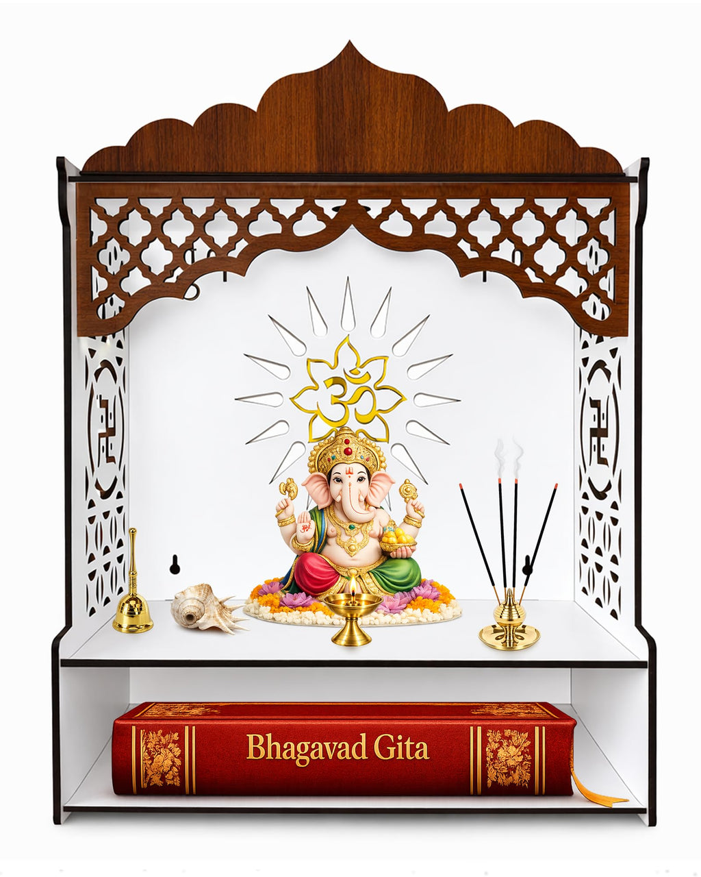 DEXORO Dual Tone Wooden Temple for Home (22 x 16 x 8.5 Inch) | White Interior Pooja Mandir with LED Light | Wall Mounted & Tabletop with Storage