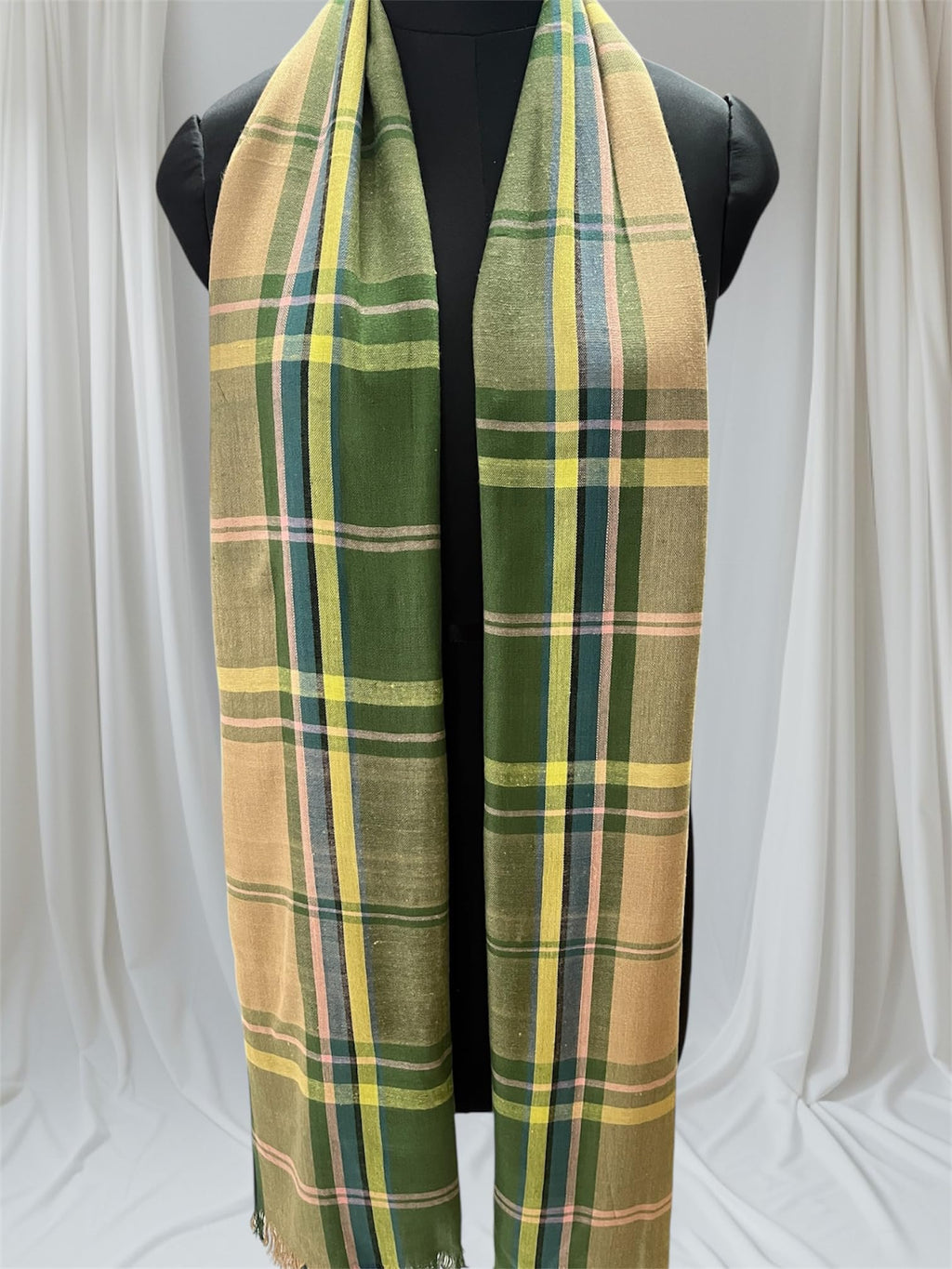 Plaid Winter Scarf, Green Multi-Colour Pattern, Fringe Trim, Soft Woven Fabric Fashion Scarf for women and men