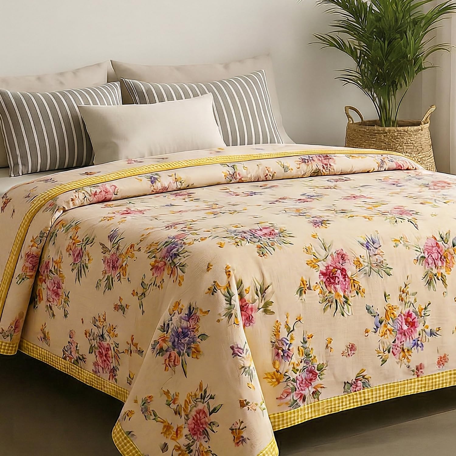 haus & kinder Cotton Dohar for Single Bed | Lightweight Summer AC Blanket | 3 Layer Soft Breathable 100% Cotton Reversible Quilt for Bed | Rose Kobai Pink Floral Design | 144 TC | 220 x 142 cm Kafalo