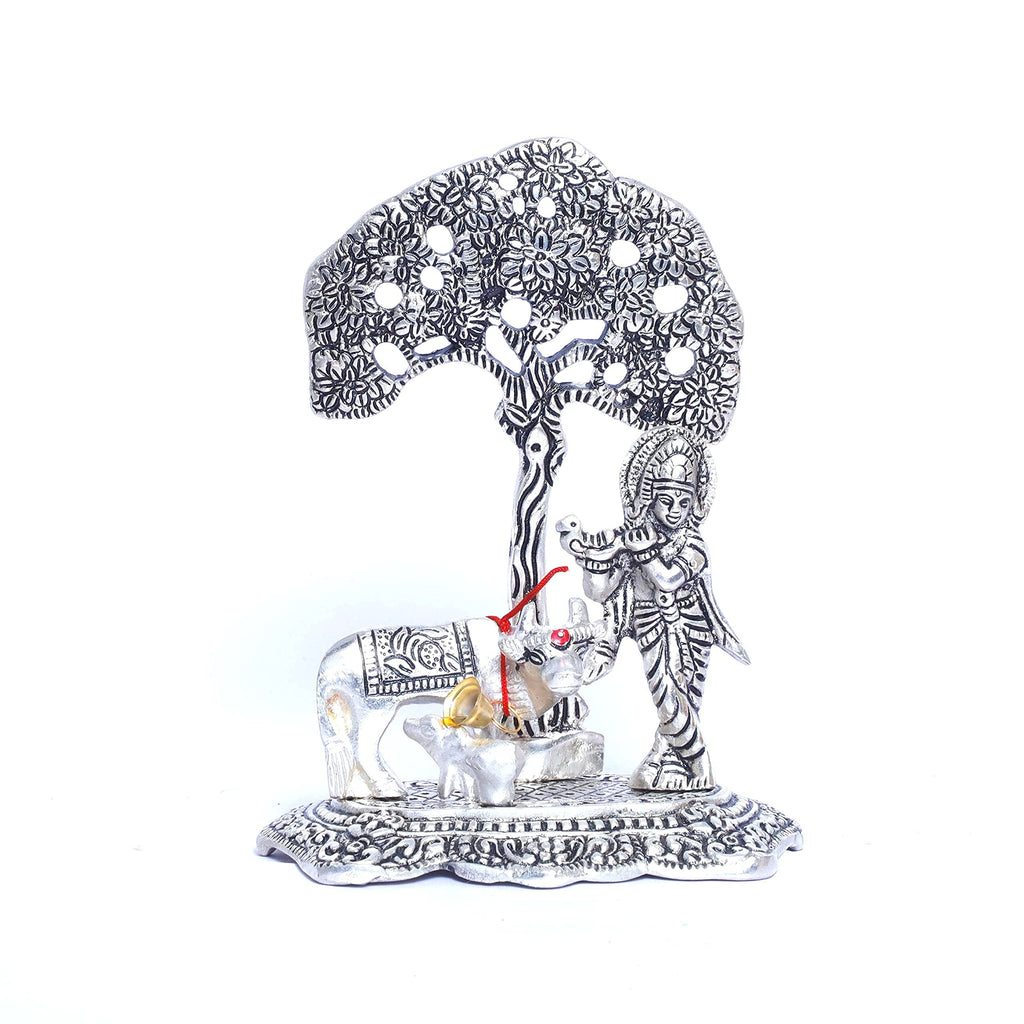 Prince Home Decor & Gifts Aluminum Metal Silver Plating Krishna with Cow Standing Under Tree playing Flute Statue (Silver, 12 x 8 x 17 cm)