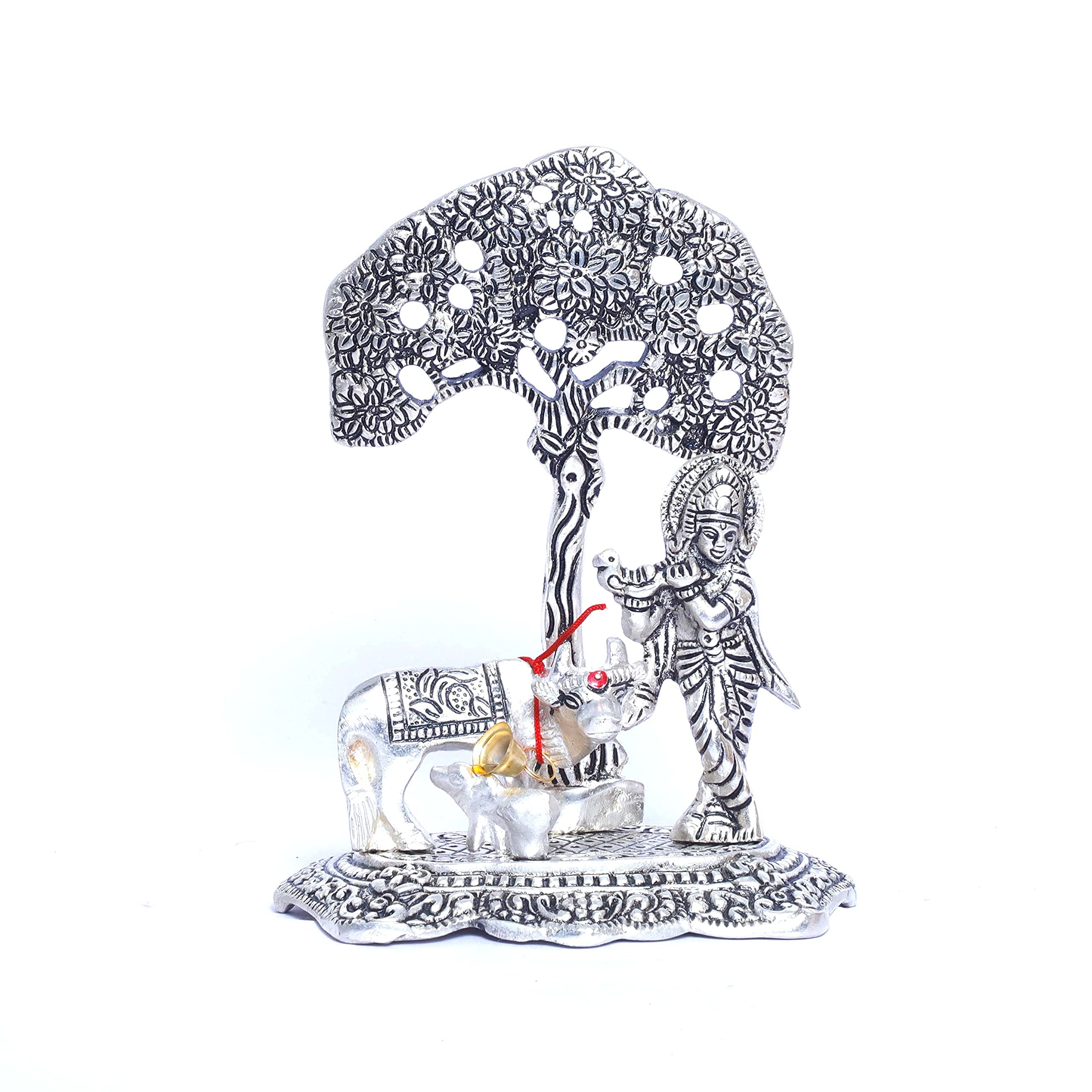 Prince Home Decor & Gifts Aluminum Metal Silver Plating Krishna with Cow Standing Under Tree playing Flute Statue (Silver, 12 x 8 x 17 cm)