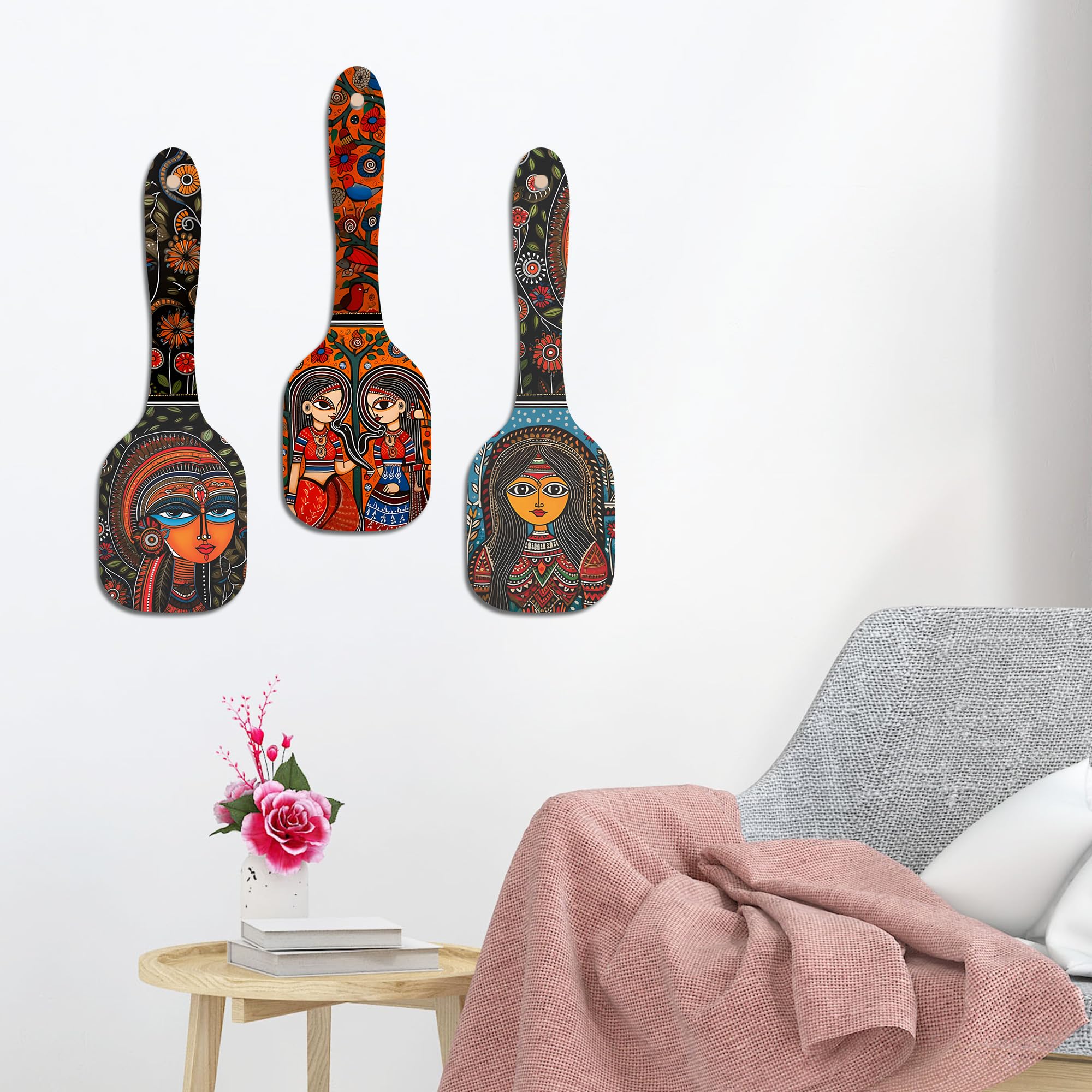 Artvibes Madhubani Women Portrait Spatula Shape Wooden Wall Hanging | Madhubani Wall Paintings | Wall Accent | Gift Items | Aesthetic Wooden Decor | Ethnic Wall Decor (WH_11001N), Set of 3