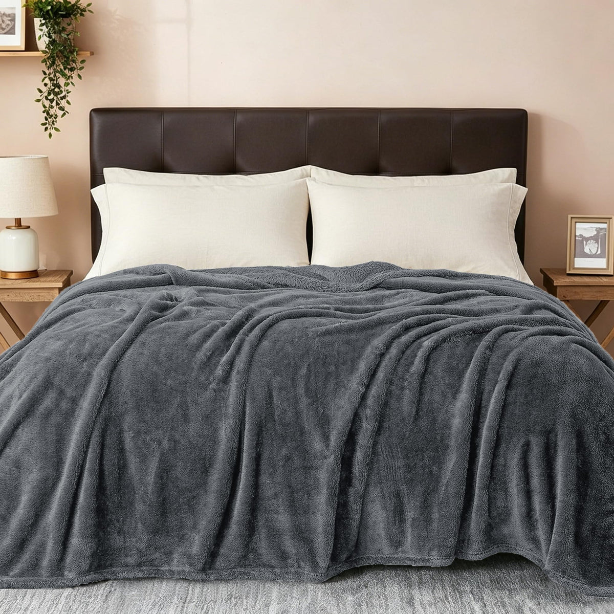 VOMZER Premium Plush Double Blanket | 300 GSM Lightweight Cozy Soft for Bed Sofa Couch Travel Camping| 254X229 Cm /90x100 Inches Charcoal Grey Kafalo