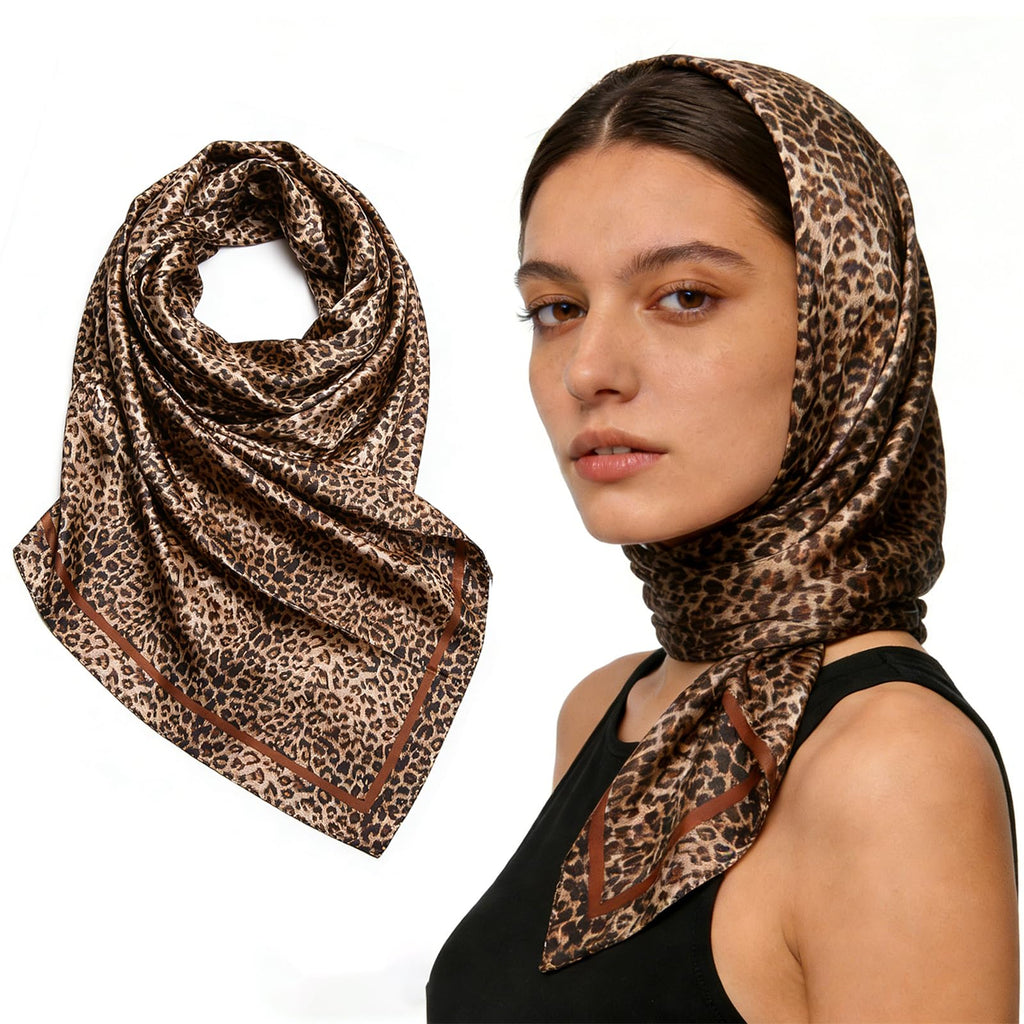 ELESUNCDOU Leopard Print Satin Scarf for Women, 35x35in Square Head Scarf Hair Wrap, Silky Satin Bandana for Hair Sleeping Neck Purse, Fashion Headscarf for Daily Wear Party Travel
