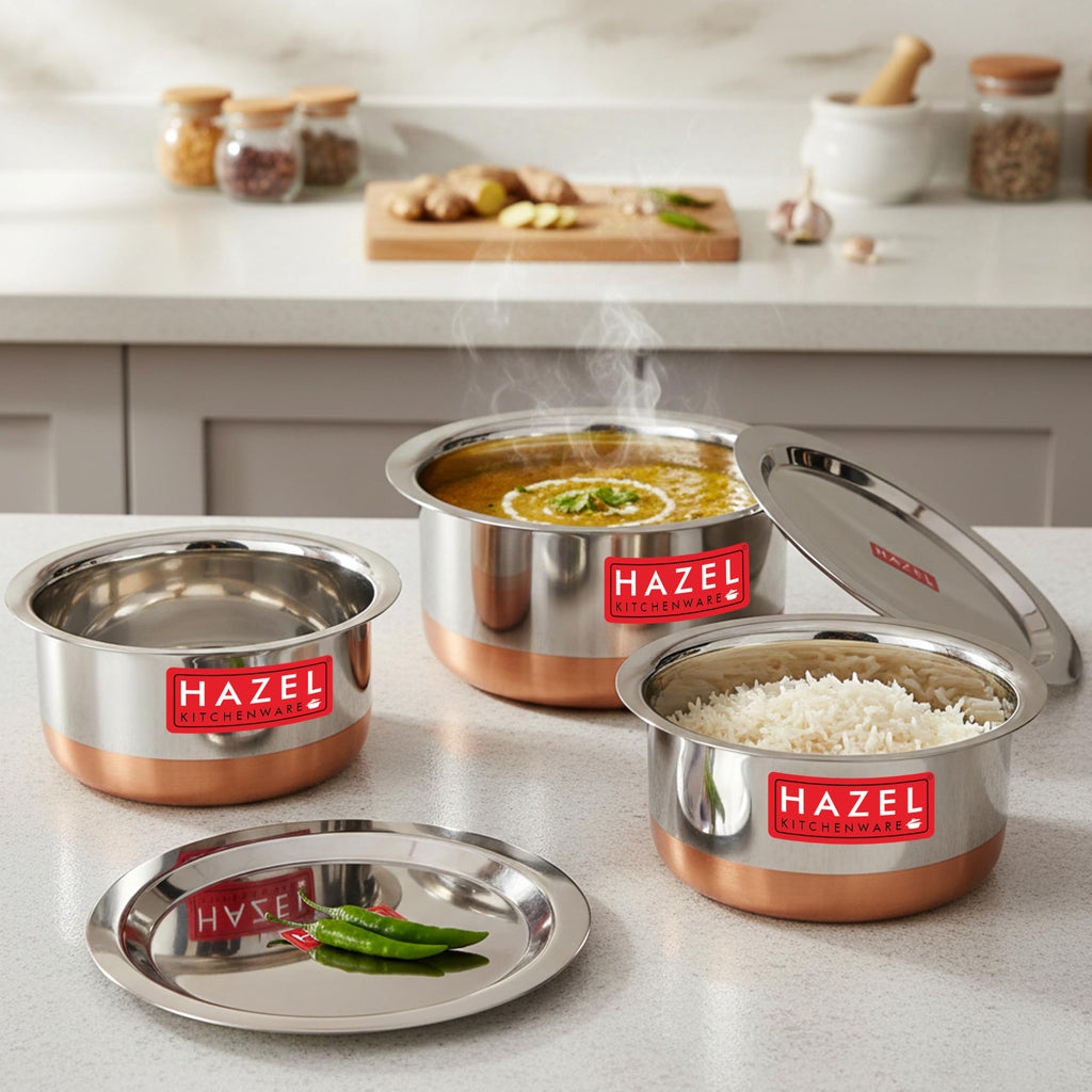 HAZEL Stainless Steel Patila Set with Lid 3 Pieces (1 L, 1.5 L & 1.9 L) | Copper Bottom Tope for Daily Cooking | Durable Kitchen Utensils Set
