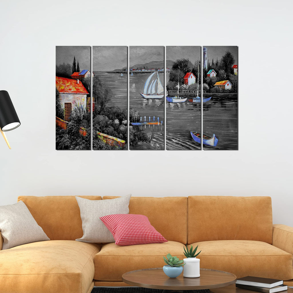 VIBECRAFTS Beautiful Lake View Scenery 5 Pieces Canvas Wall Painting For Home | Office | Living Room | Gift(PTVC5Pcs4_8552)