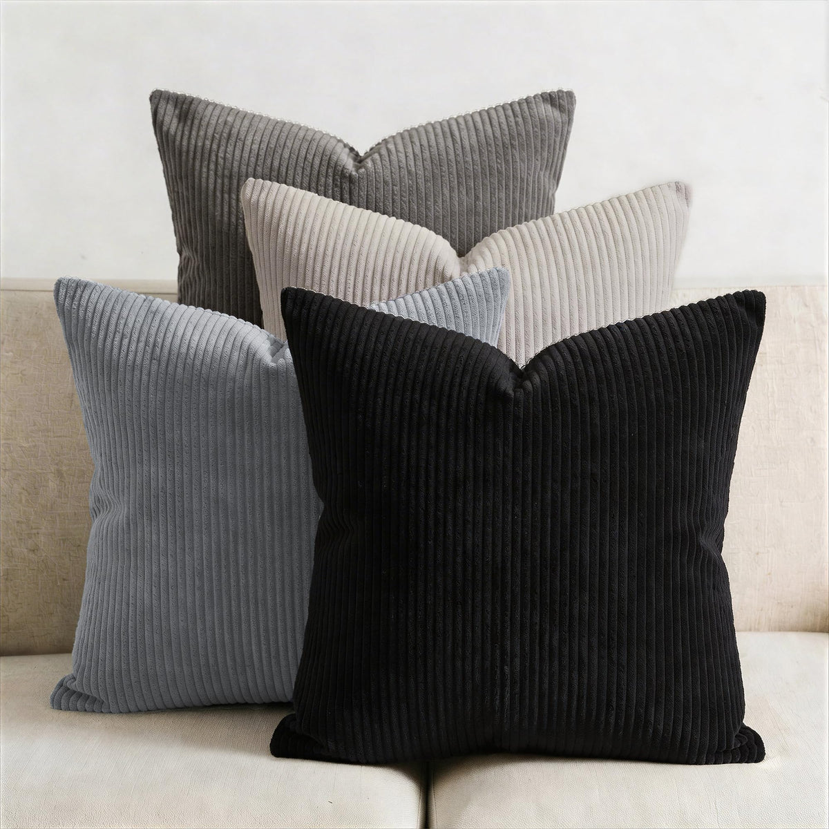 Encasa XO Corduroy Cushion Covers, Boho Pillow Covers, No Inserts Grey