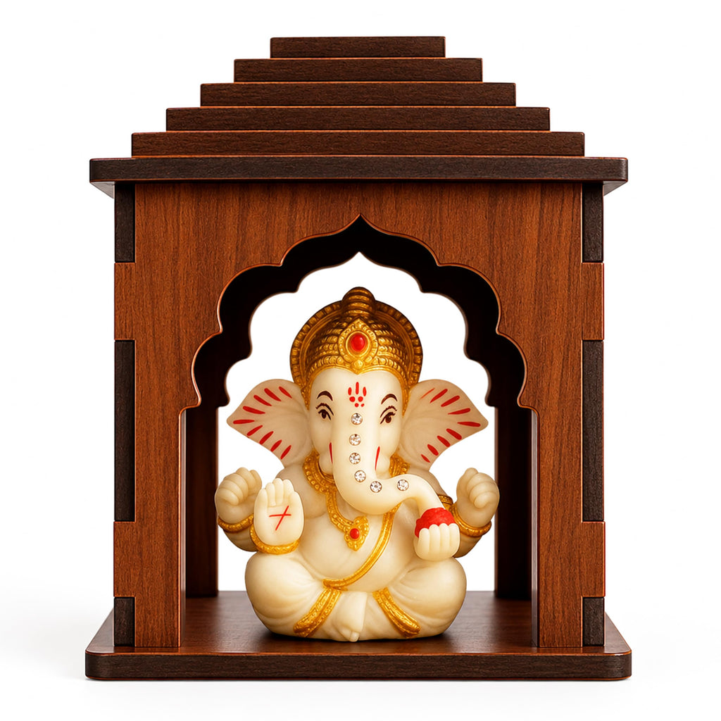 SWAGSTATION Wooden Car Dashboard Mandir with Ganpati Idol | Mini Temple for Car, Office Desk, Café & Home | Small Pooja Mandirs for Gifting & Tabletop Decoration (Mandir 2)