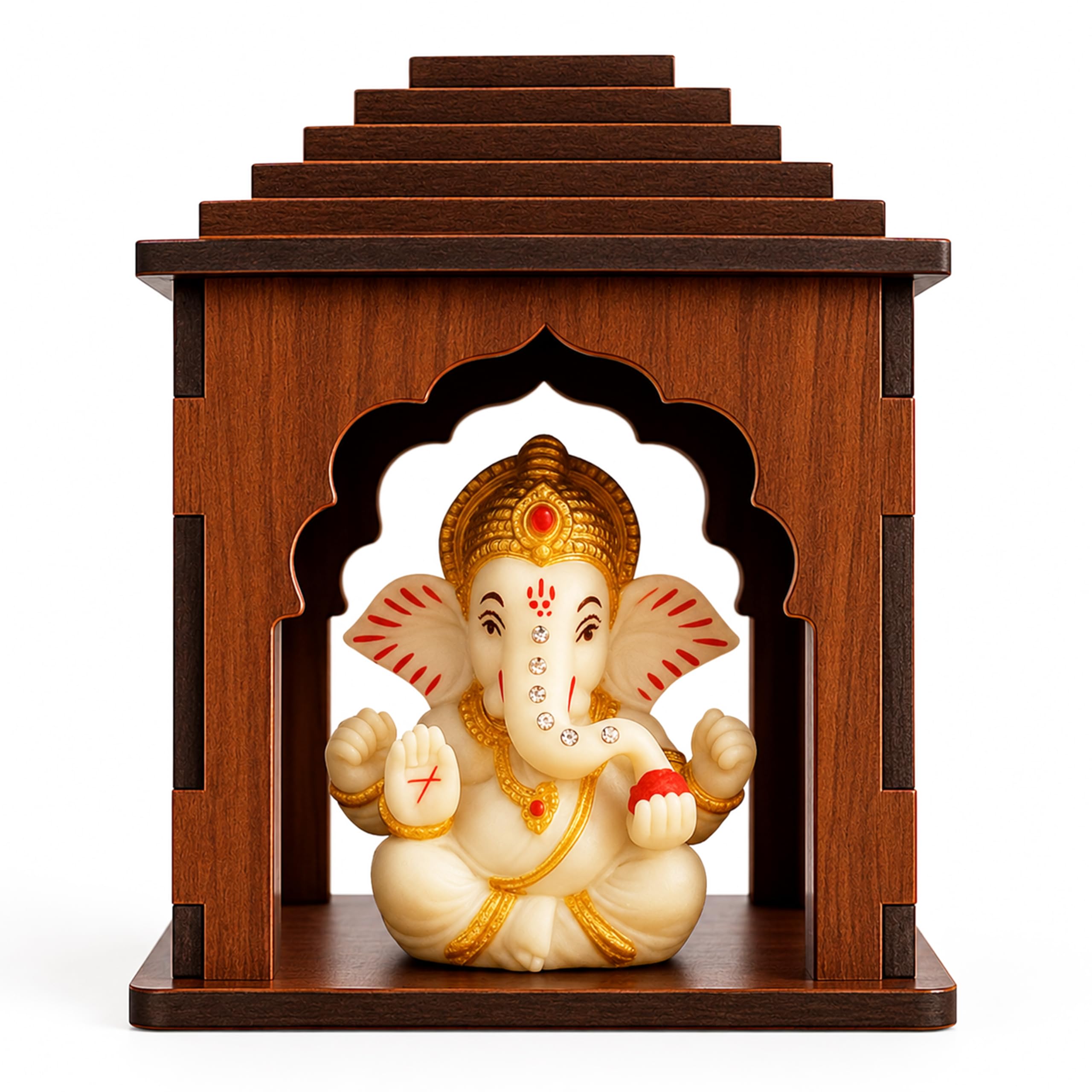 SWAGSTATION Wooden Car Dashboard Mandir with Ganpati Idol | Mini Temple for Car, Office Desk, Café & Home | Small Pooja Mandirs for Gifting & Tabletop Decoration (Mandir 2)