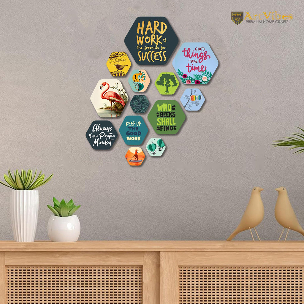 Artvibes Work Hard Hexagon Shape MDF Wooden Wall Decor Items | Quotes Decor Item | Motivational Wall Decor | Wall Poster | Graphic Art | Gift Items | Office Wall Decoration Items (WPS_211N), Set of 13