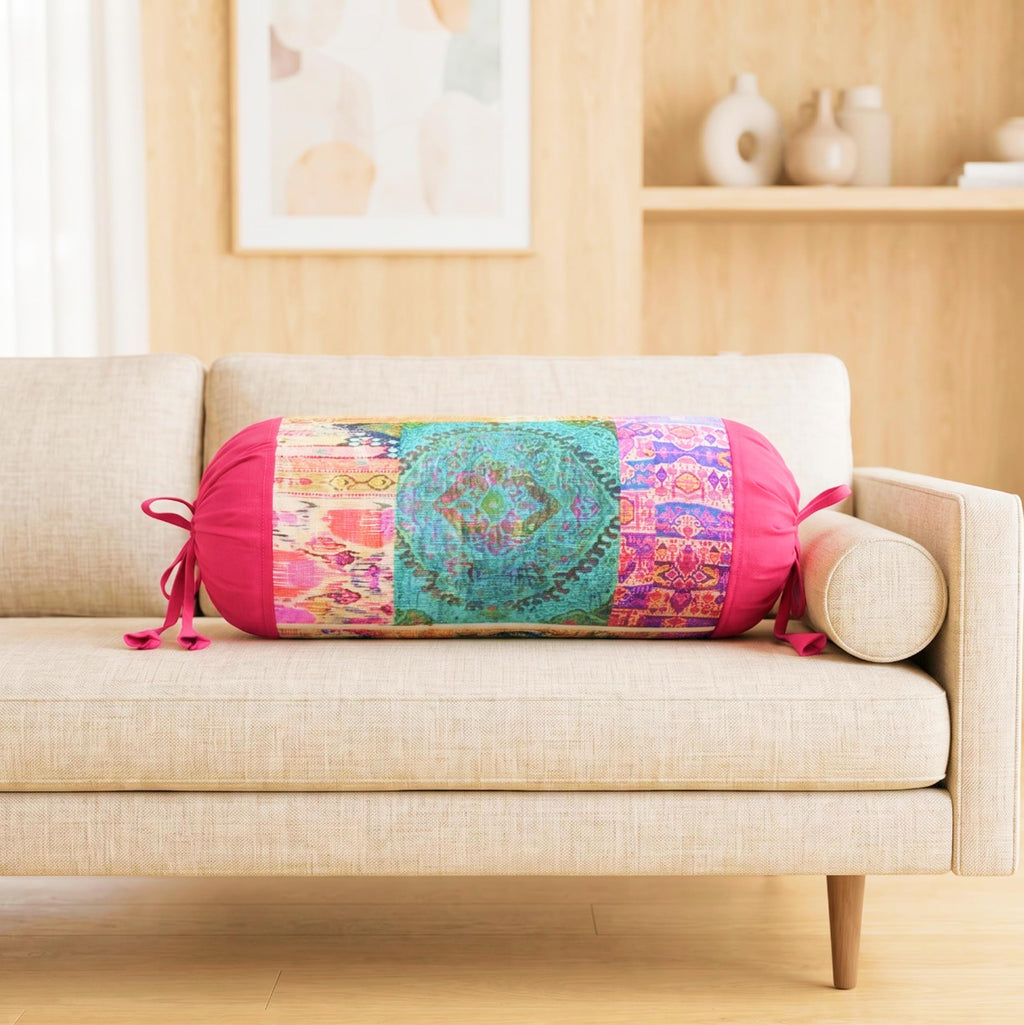SAJAVAT HOME Printed Multicolour Bolster Cover | 32x15 Inch Round Side Pillow Covers with Adjustable Ties | Stylish Diwan Cushion Covers for Sofa, Bed & Couch Pack of 1