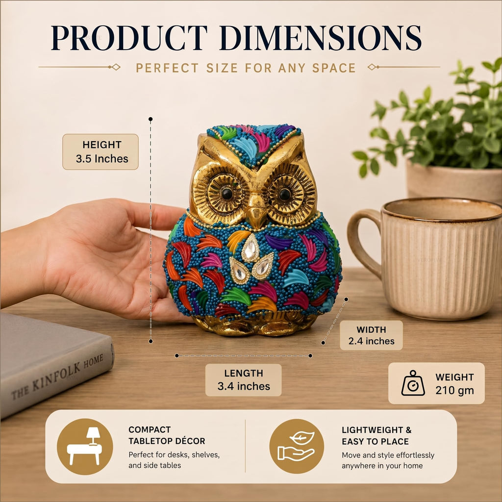 KridayKraft Metal Owl Showpiece, 10 cm Golden Aluminium Owl Statue with Stone Work, Decorative Paperweight for Home, Office Desk, Study Table & Gifting
