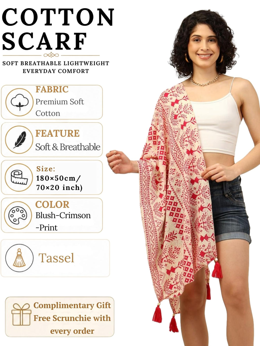 KE KANHA EXPORTS Cotton Scarf with Tassels|Scarf for Women Stylish|Stole for Women|Breathable Boho Beach Summer Wrap|Multicolor Scarf|Easily Fits 180 * 50 CM
