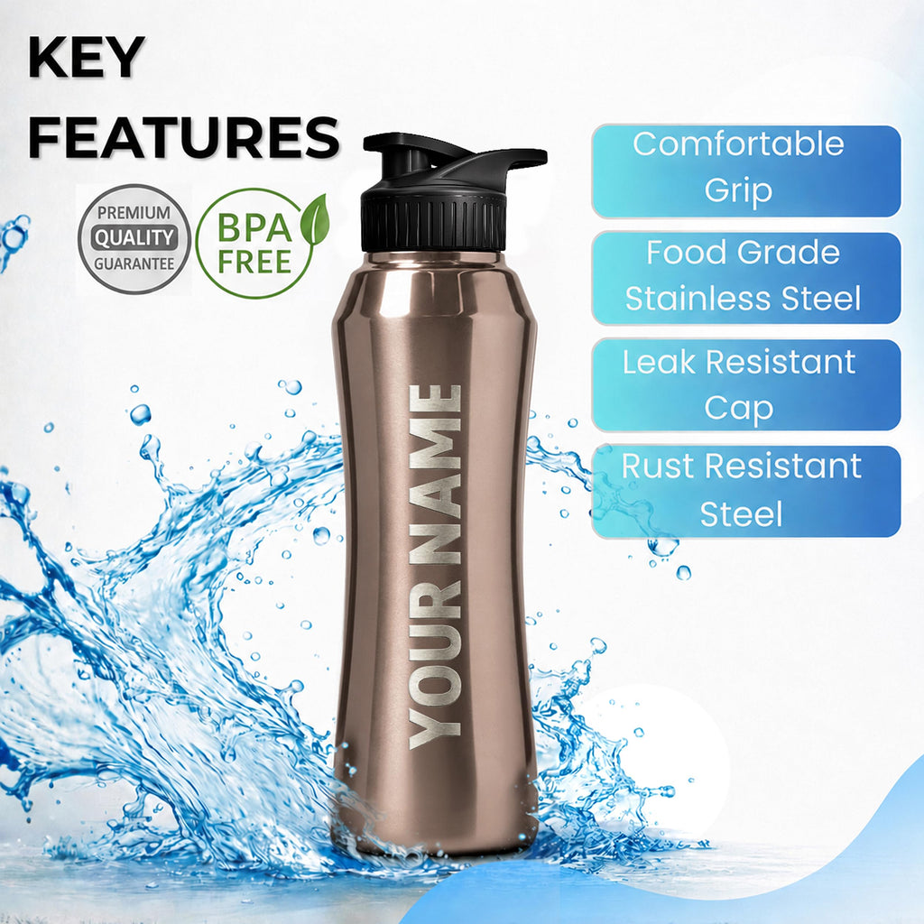 Speedex Customised Stainless Steel Sipper Water Bottle 1 Ltr with Engraved Name – Personalised Flip Cap Bottle for Kids, Adults, School, Sports, Gym, Copper Gold, Set of 1