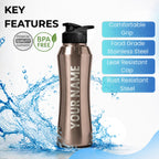 Speedex Customised Stainless Steel Sipper Water Bottle 1 Ltr with Engraved Name – Personalised Flip Cap Bottle for Kids, Adults, School, Sports, Gym, Copper Gold, Set of 1