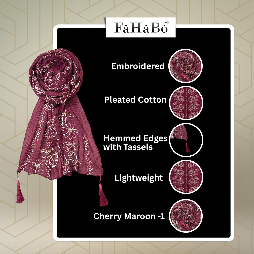FAHABO Scarf Woman Pleated Cotton Scarves with Embroidery and Tassels | Hijab Scarf | Headscarf | Neck Scarf | Stoles | Wraps (Cherry Maroon -1)