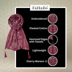 FAHABO Scarf Woman Pleated Cotton Scarves with Embroidery and Tassels | Hijab Scarf | Headscarf | Neck Scarf | Stoles | Wraps (Cherry Maroon -1)