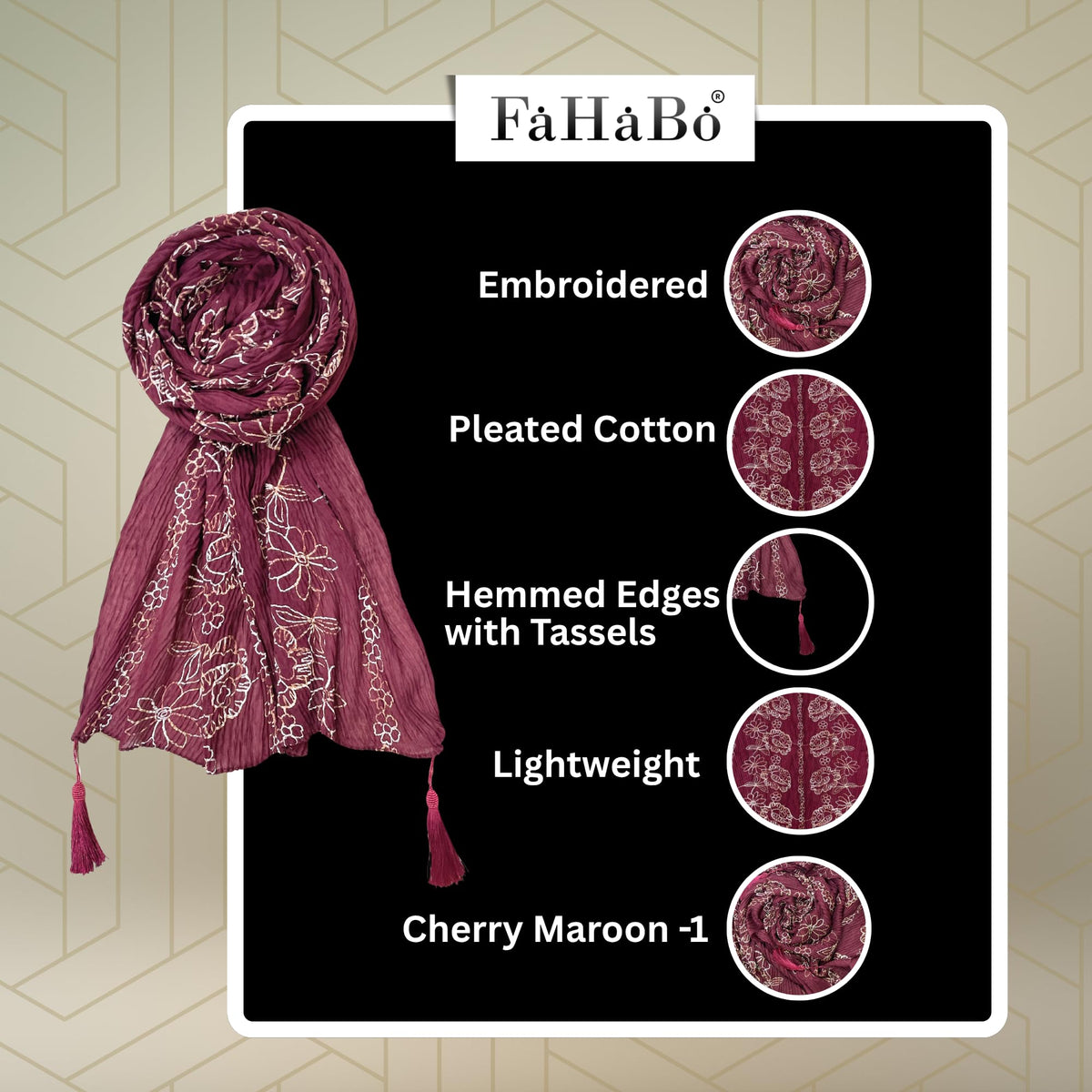 FAHABO Scarf Woman Pleated Cotton Scarves with Embroidery and Tassels | Hijab Scarf | Headscarf | Neck Scarf | Stoles | Wraps (Cherry Maroon -1)