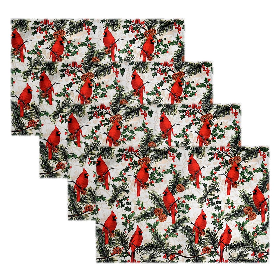 PRAKARTIK BY INDUARTS Dining Table Mats Set of 4 with 135 cm Runner - Bird Red Green Christmas Theme,Digital Print, Washable, Indoor/Outdoor, Heat-Proof, Wipe & Clean (47X33 cm) Red & Green Kafalo