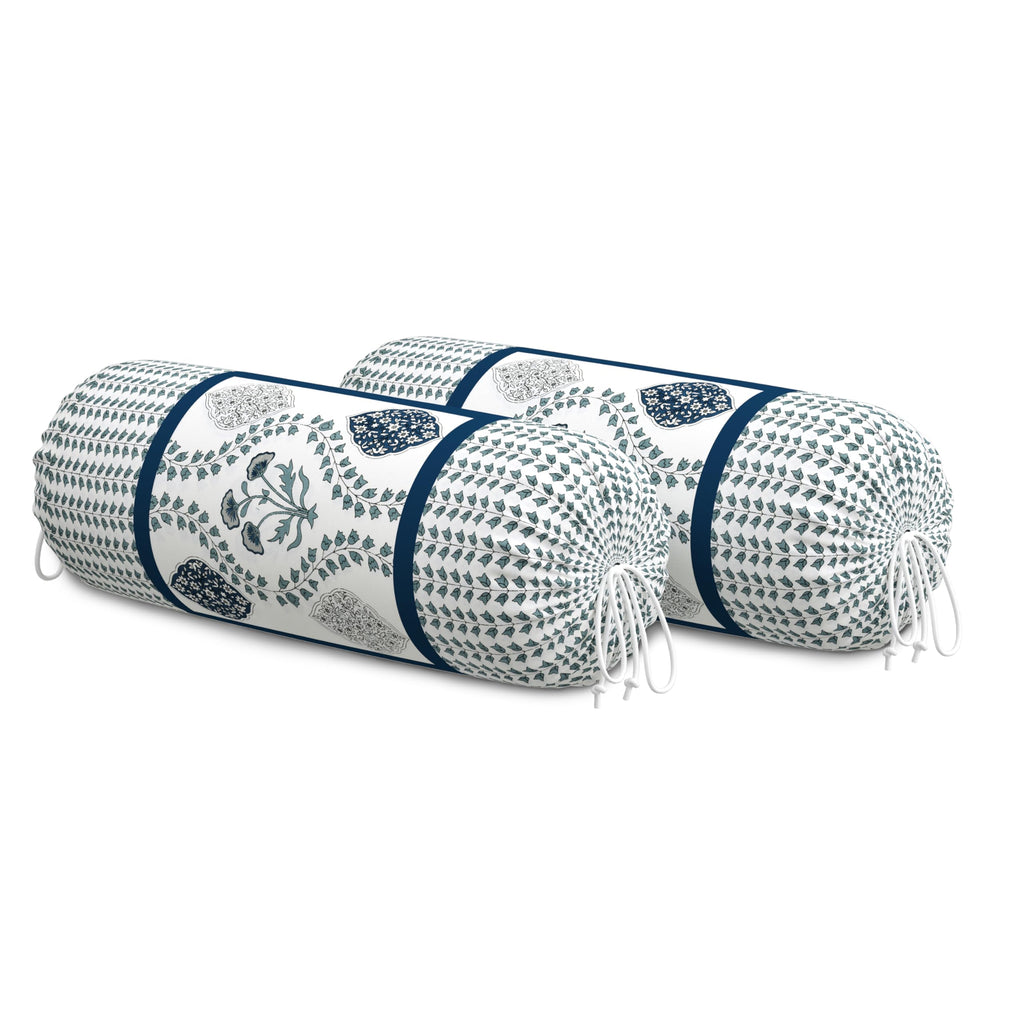 BLOCKS OF INDIA Cotton Hand Block Printed Bolster Cover | Booster Cover with Drawstring | Round Long Pillow Cover for Bed | Dewan Pillow Cover Set 16 X 32 | Set of 2 (Royal Motifs Blue)