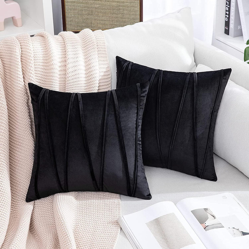 Khooti Velvet Striped Cushion Cover Pack of 1-26X26/66X66 Cm | Black | Soft Pillow Covers Cushion Case for Sofa Bedroom Living Room Chair Car, Cushion Cover with Zig Zag Pattern