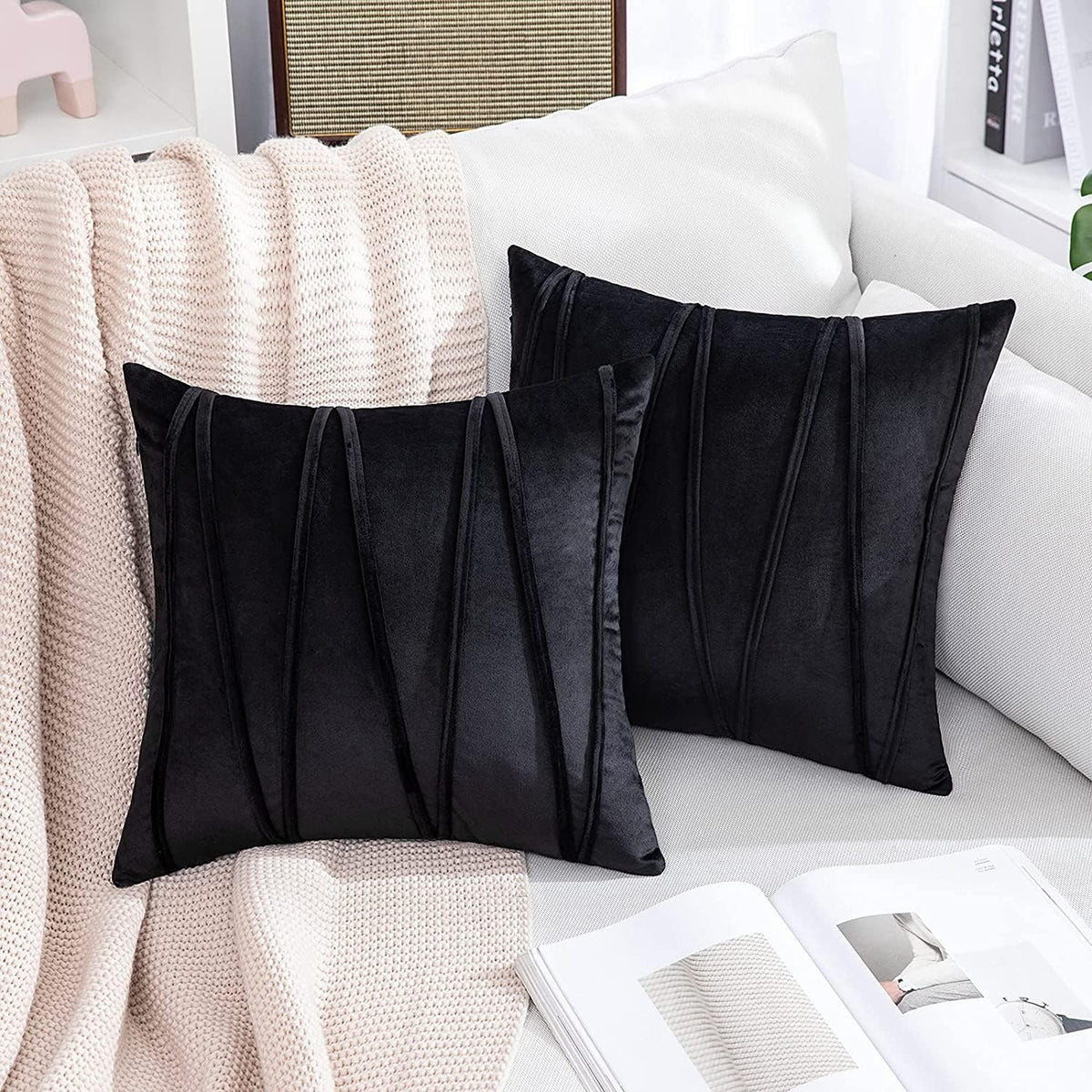 Khooti Velvet Striped Cushion Cover Pack of 1-22X22/56X56 Cm | Black | Soft Pillow Covers Cushion Case for Sofa Bedroom Livingroom Chair Car, Cushion Cover with Zig Zag Pattern