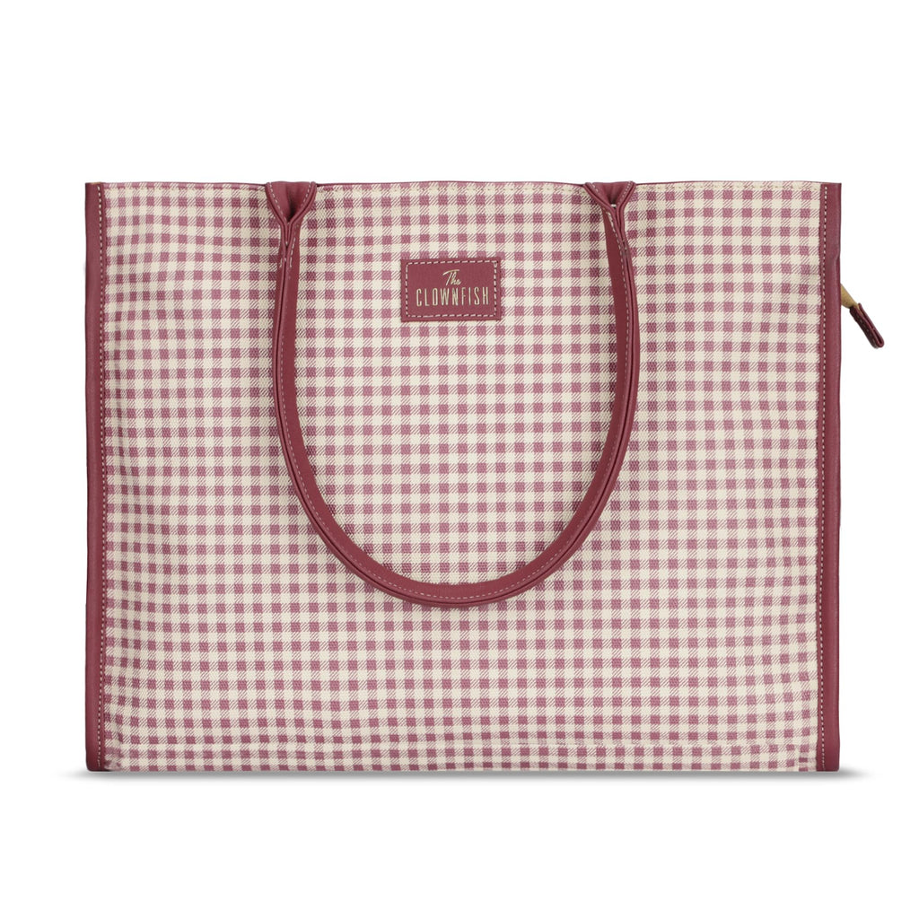 THE CLOWNFISH Moda Collection Multipurpose Faux Leather Handbag For Women 15.6 inch Laptop Bag Box Bag Tote Office Shoulder Bag for Ladies College Girls (Dark Pink Checks)