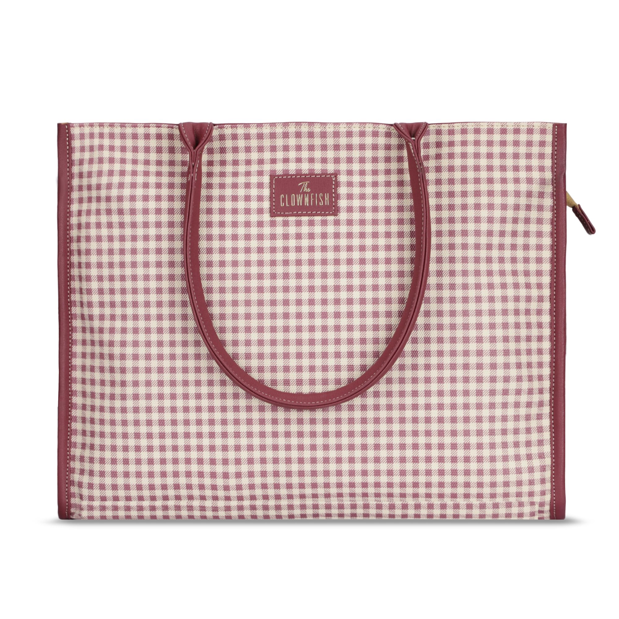 THE CLOWNFISH Moda Collection Multipurpose Faux Leather Handbag For Women 15.6 inch Laptop Bag Box Bag Tote Office Shoulder Bag for Ladies College Girls (Dark Pink Checks)