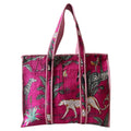 Handcrafted Quilted Cotton Tote Bag for Women, Printed Shoulder Bag with Jungle Animal Pattern, Lightweight Reusable Shopping & Daily Carry Tote, Large Size 18 x 18 x 5 Inches (Red)