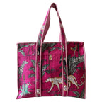 Handcrafted Quilted Cotton Tote Bag for Women, Printed Shoulder Bag with Jungle Animal Pattern, Lightweight Reusable Shopping & Daily Carry Tote, Large Size 18 x 18 x 5 Inches (Red)
