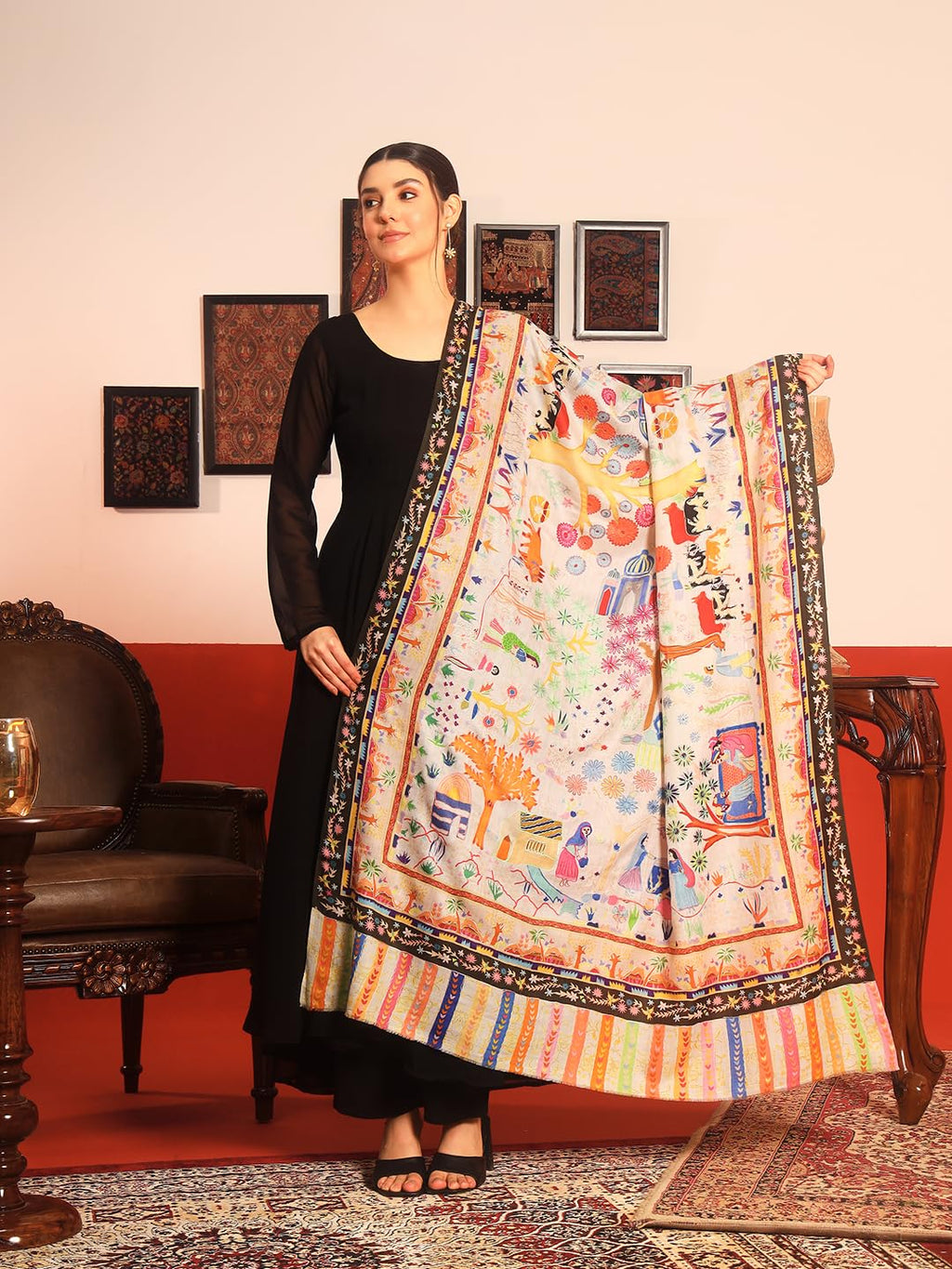 Pashmoda Women Naqshkaar Fine Wool Fabric Pashmina Kalamkari Embroidered Shawl (Size: 40x80in, 101x203cm) KAS12