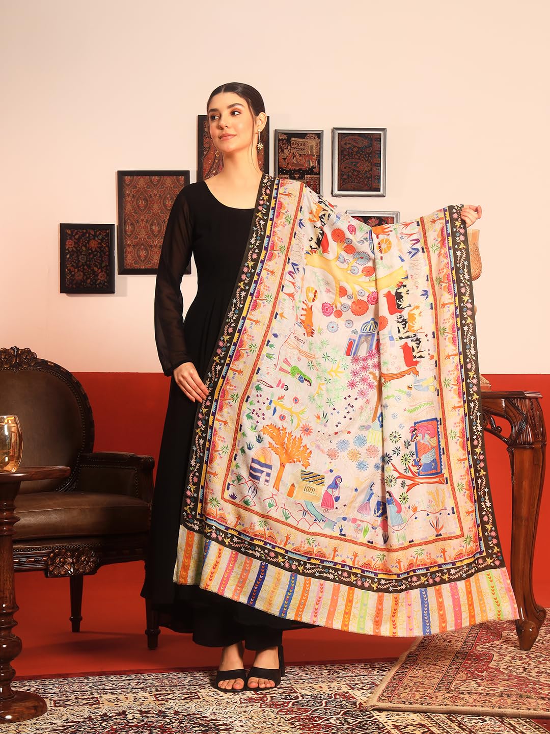 Pashmoda Women Naqshkaar Fine Wool Fabric Pashmina Kalamkari Embroidered Shawl (Size: 40x80in, 101x203cm) KAS12