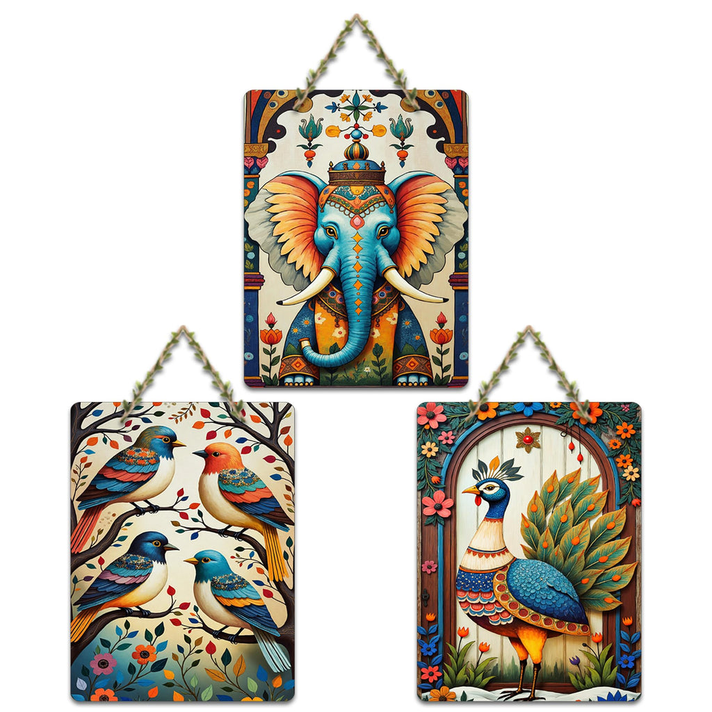 Artvibes Aesthetic Elephant With Birds & Floral Peacock Home Art For Wall Hanging | Garden Balcony| Stylish Modern Decor Item | Trendy Decor | Wall Illustrations | Gift Items (WH_9628N), Set of 3