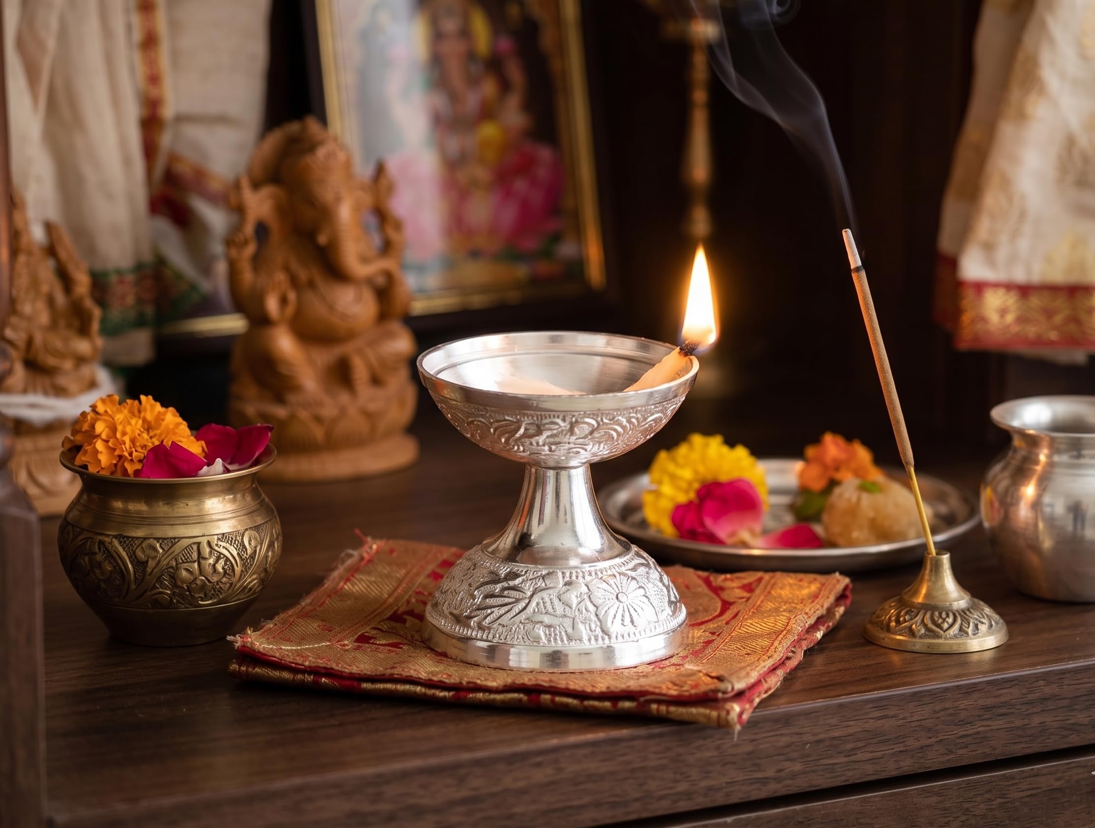 KridayKraft Silver Plated Pooja Thali Set with Swastik Design - Includes Diya and 2 Bowls for Puja, Diwali, and Gifting (19 cm Plate, 110g)