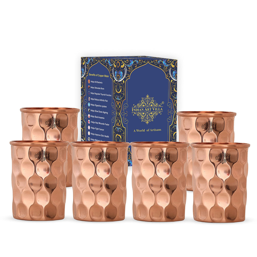 INDIAN ART VILLA Pure Copper Plain Glass with Diamond Hammered Design, Drinking Serving Water, Yoga Ayurveda, Volume-300 ml, Pack of 6
