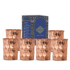 INDIAN ART VILLA Pure Copper Plain Glass with Diamond Hammered Design, Drinking Serving Water, Yoga Ayurveda, Volume-300 ml, Pack of 6