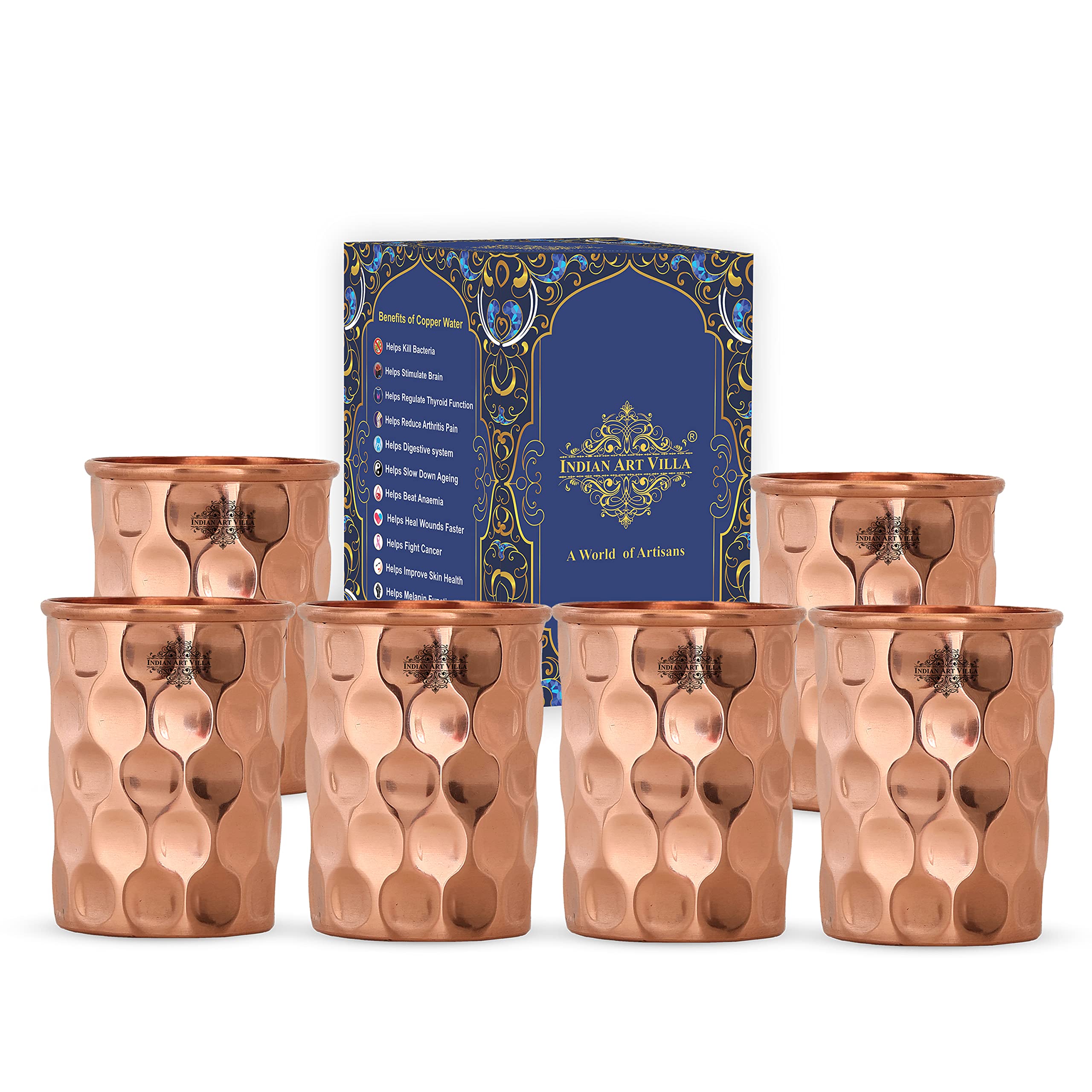 INDIAN ART VILLA Pure Copper Plain Glass with Diamond Hammered Design, Drinking Serving Water, Yoga Ayurveda, Volume-300 ml, Pack of 6