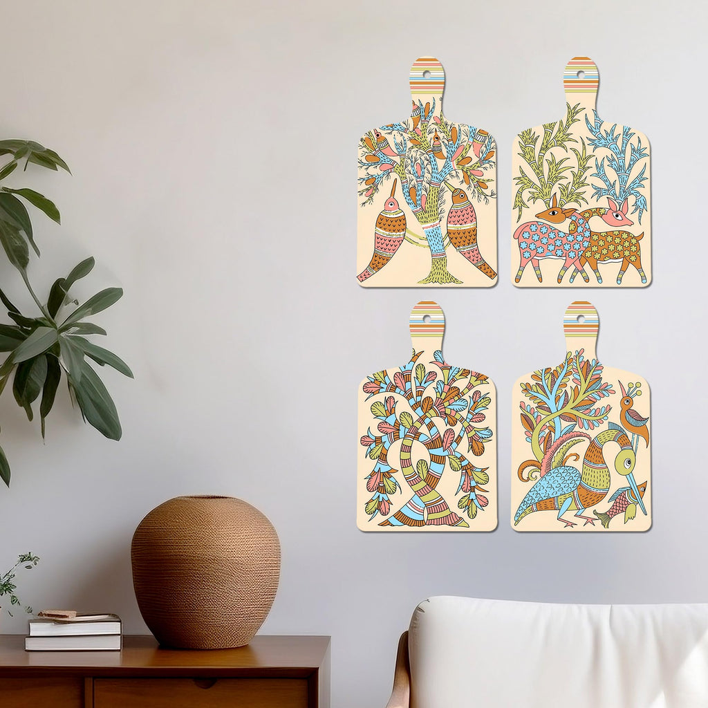 Artvibes Aesthetic Tree Birds & Deer Classic Modern Art Decorative Wall Art MDF Wooden Wall Hanger for Living Room | Home Decor | Wall Accent | Wall Poster | Art Print | Gift (WH_5629N), Set of 4