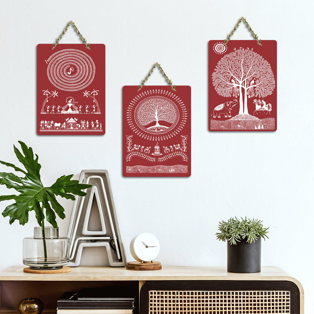 Artvibes Tribal Warli Art Decor Decorative MDF Wooden Wall Art for Home | Living Room | Office | Wall Art Painting For Hall | Graphic Artwork | Wall Art Print | Ideal Gifts (WH_96157N), Set of 3