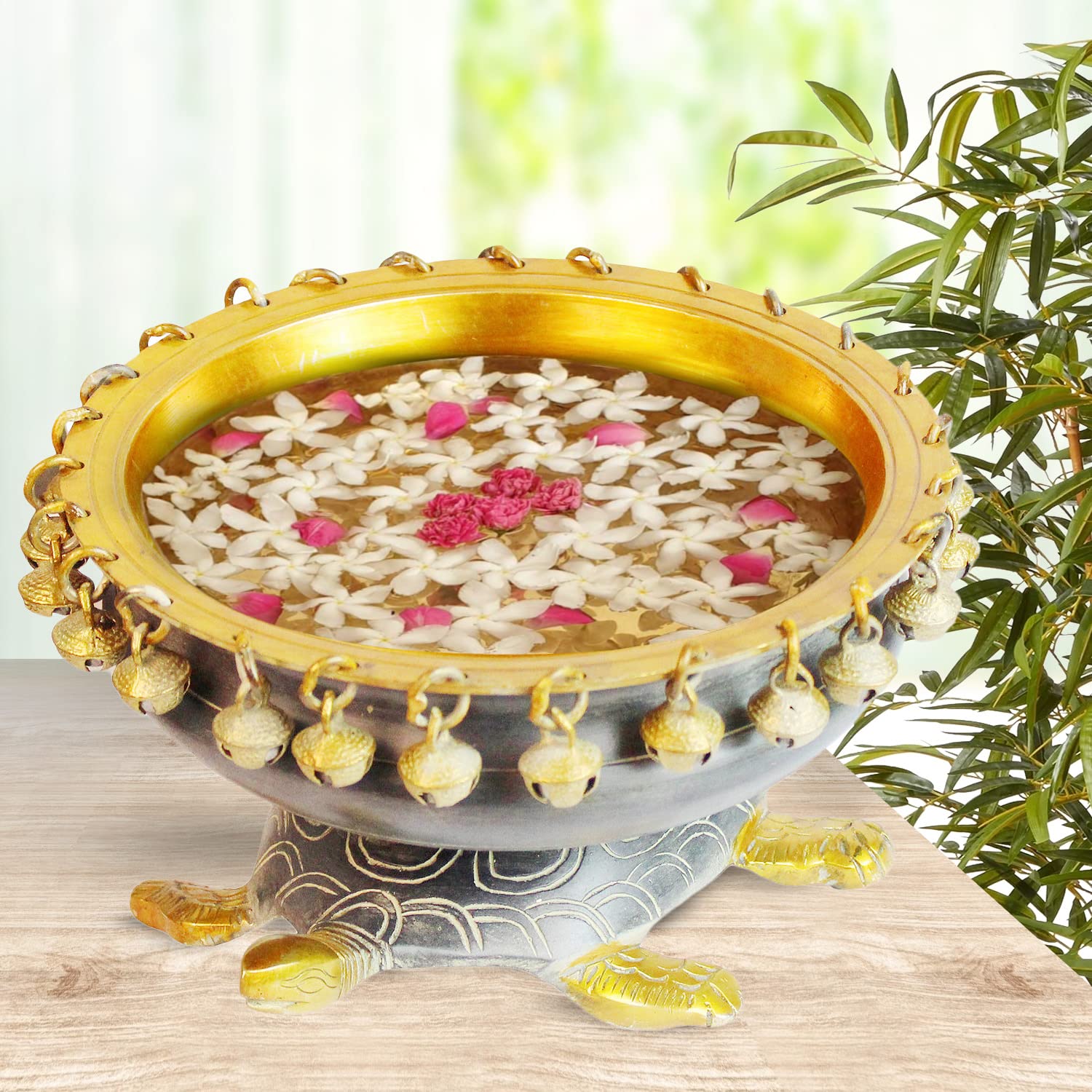 ARTVARKO Brass Urli Ethnic Traditional Tortoise Urli Decorative Vastu Fengshui Bowl for Flowers - Handcrafted Round Floating Floral Candles 9 Inch